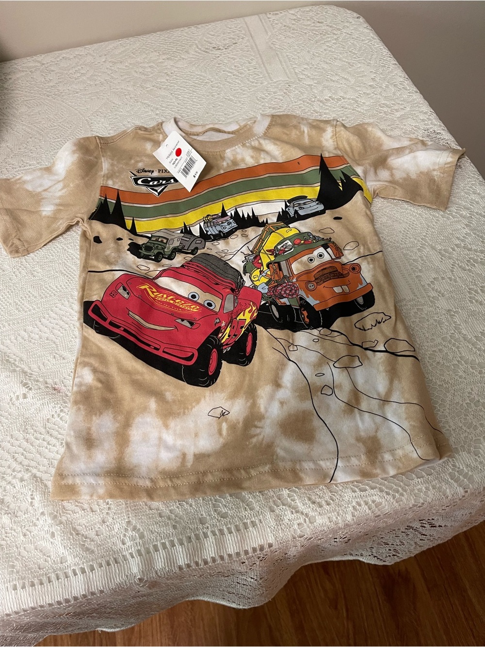 Disney Cars Tie-Dye Tee in Beige with Red & Orange Graphics